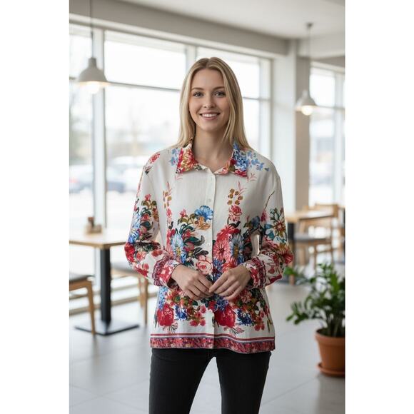 Cynthia Rowley Floral Print Shirt Blouse Women Sz 1X Long Sleeve top Linen Blend - Picture 1 of 7